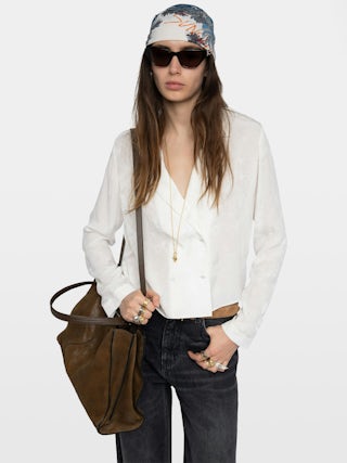 Chemise Tussi 100% Soie - Blouse en soie jacquard horses, manches longues et fermeture croisée boutonnée.