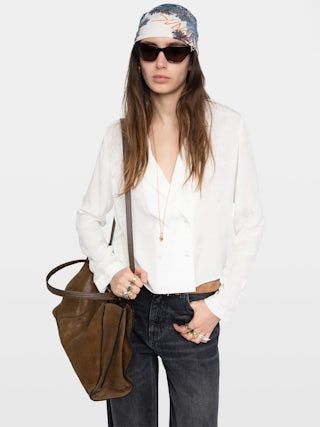 Camicia Tussi 100% Seta - Blusa in seta jacquard cavalli, maniche lunghe e chiusura incrociata abbottonata.