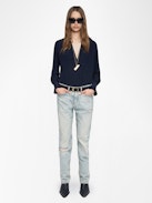 Thely Shirt - Viscose shirt with long sleeves, button fastening and wing embroidery with exclusive French lace on the back.