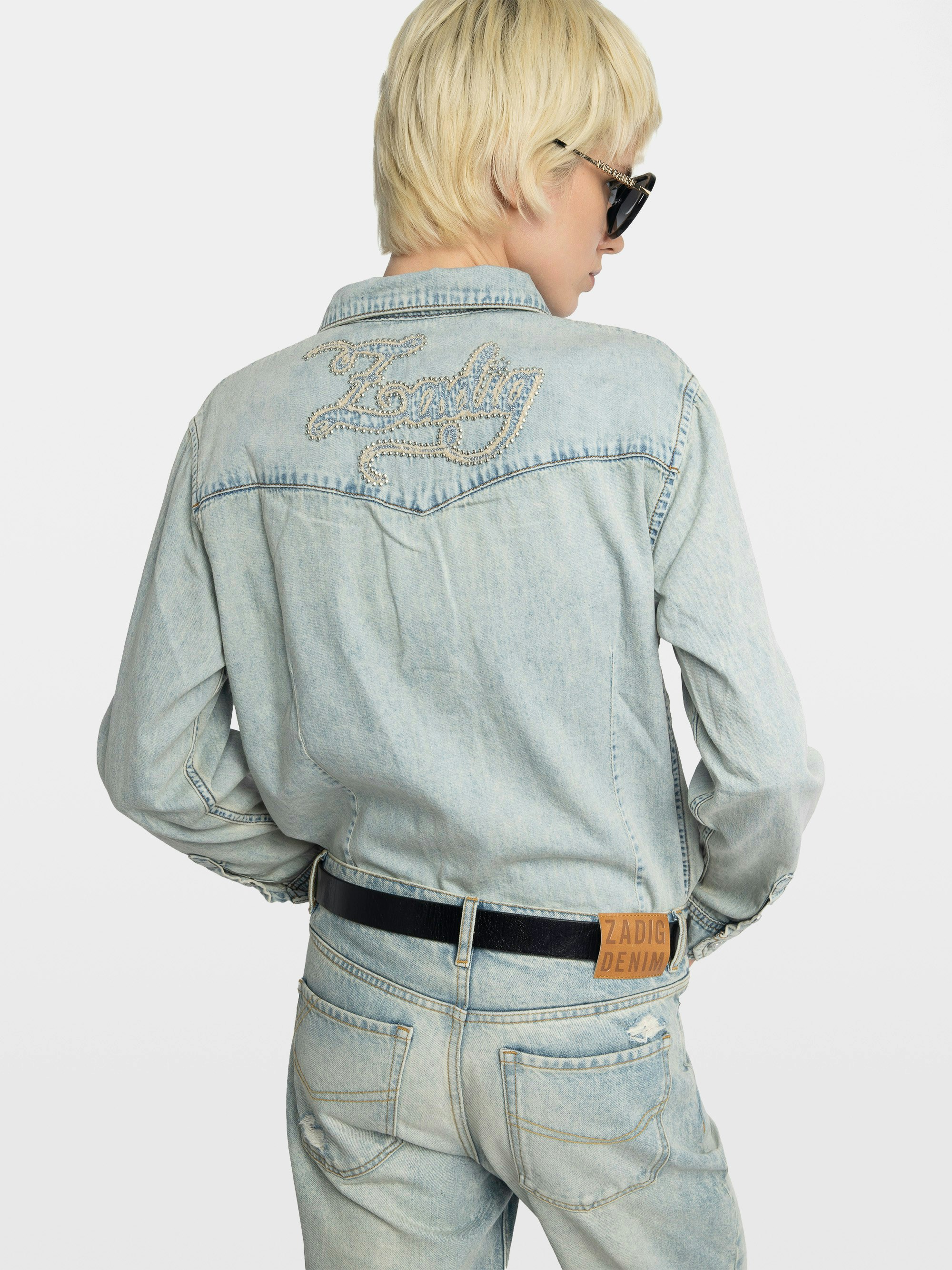 Saby Denim Shirt - Denim shirt with embroidery and studs on the back.