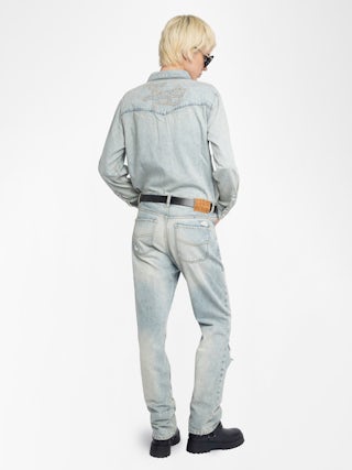 Saby Denim Shirt - Denim shirt with embroidery and studs on the back.