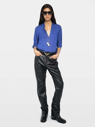 Tink Satin Blouse - ZV jacquard satin blouse with open collar, long sleeves and gathered details.