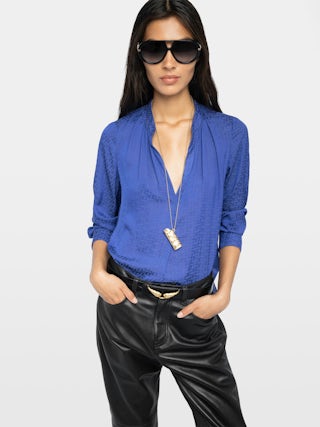 Tink Satin Blouse - ZV jacquard satin blouse with open collar, long sleeves and gathered details.