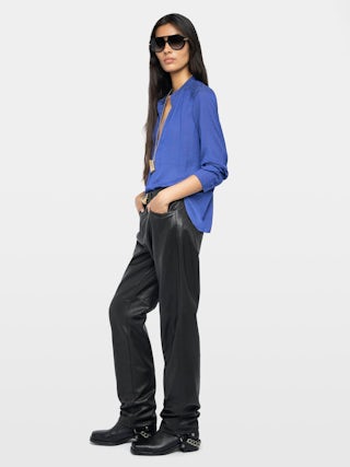 Tink Satin Blouse - ZV jacquard satin blouse with open collar, long sleeves and gathered details.