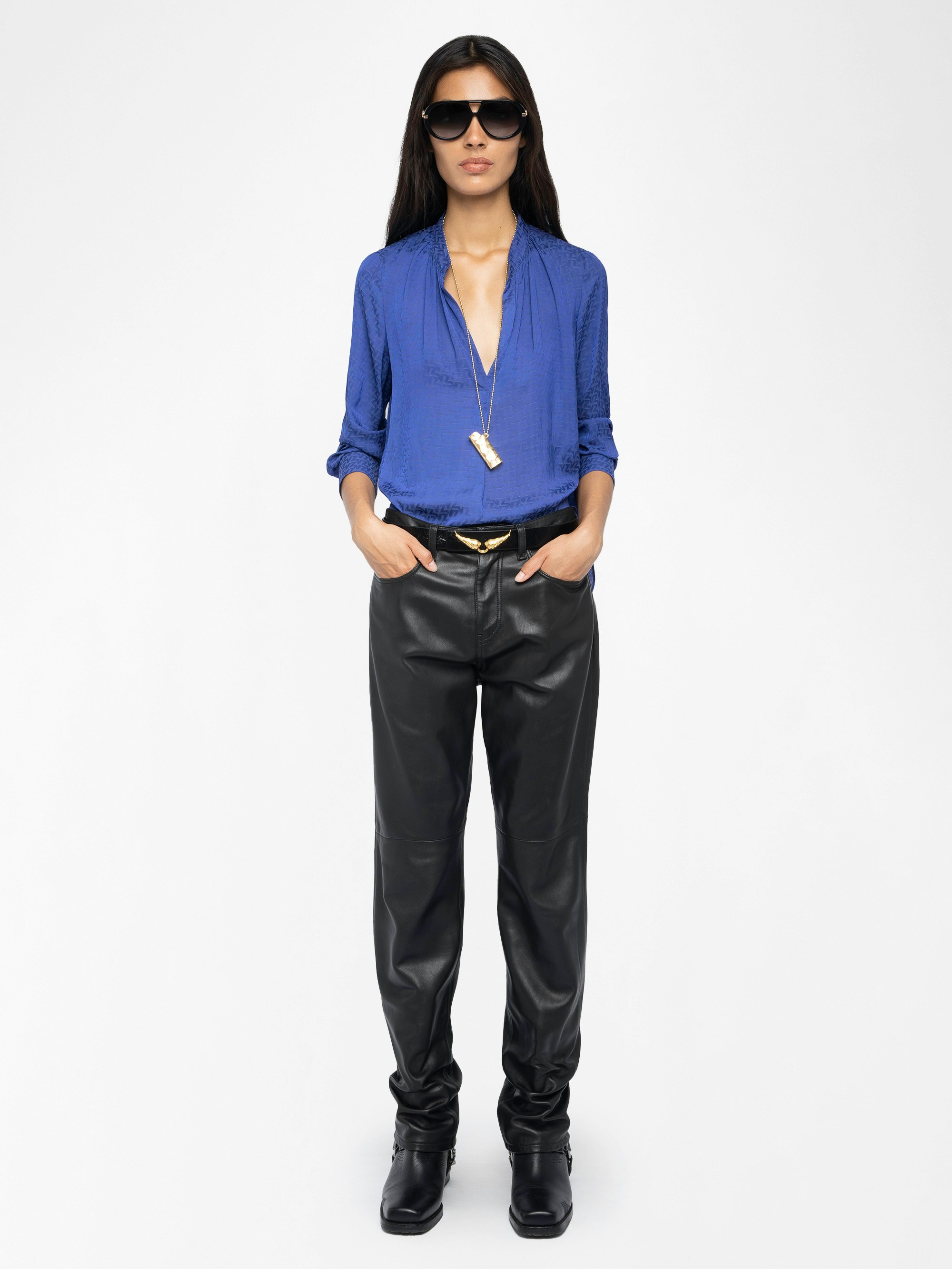 Tink Satin Blouse - ZV jacquard satin blouse with open collar, long sleeves and gathered details.