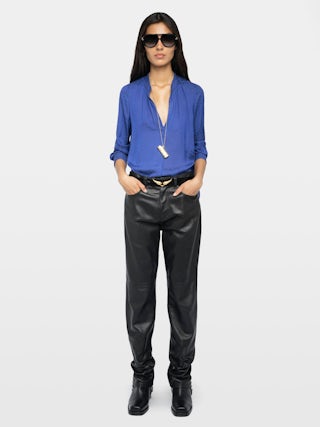 Tink Satin Blouse - ZV jacquard satin blouse with open collar, long sleeves and gathered details.