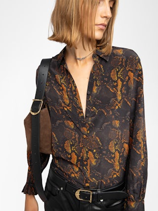 Thely 100% Silk Shirt - Printed silk shirt, long sleeves, button closure and embroidered wings on the back.