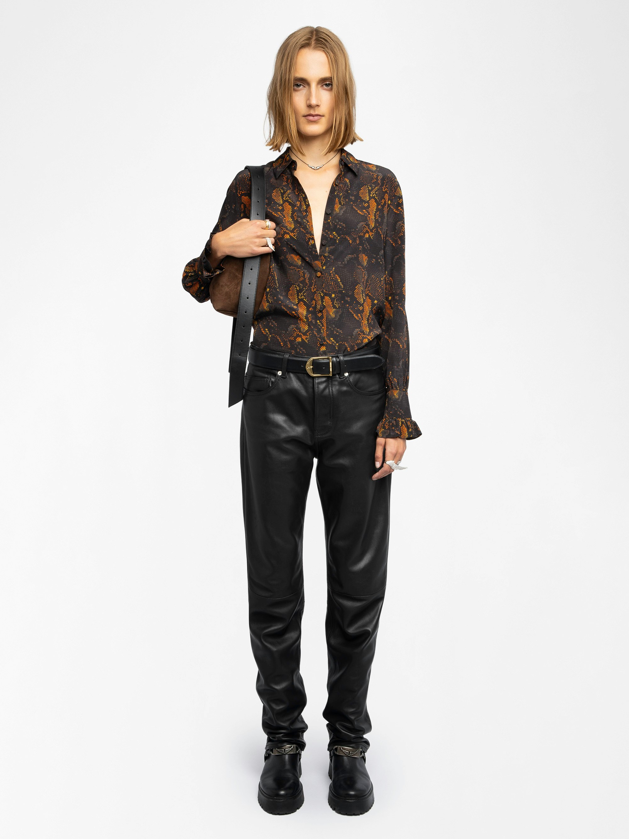 Thely 100% Silk Shirt - Printed silk shirt, long sleeves, button closure and embroidered wings on the back.