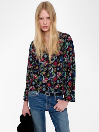 Tunika Torny - Tunika aus bedruckter Viskose, lange Ärmel und V-Ausschnitt.