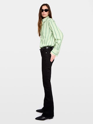 Morning Shirt - Oversized shirt in striped poplin, chest patch pocket, cuff and buttonhole embroidery.