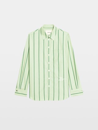 Morning Shirt - Oversized shirt in striped poplin, chest patch pocket, cuff and buttonhole embroidery.