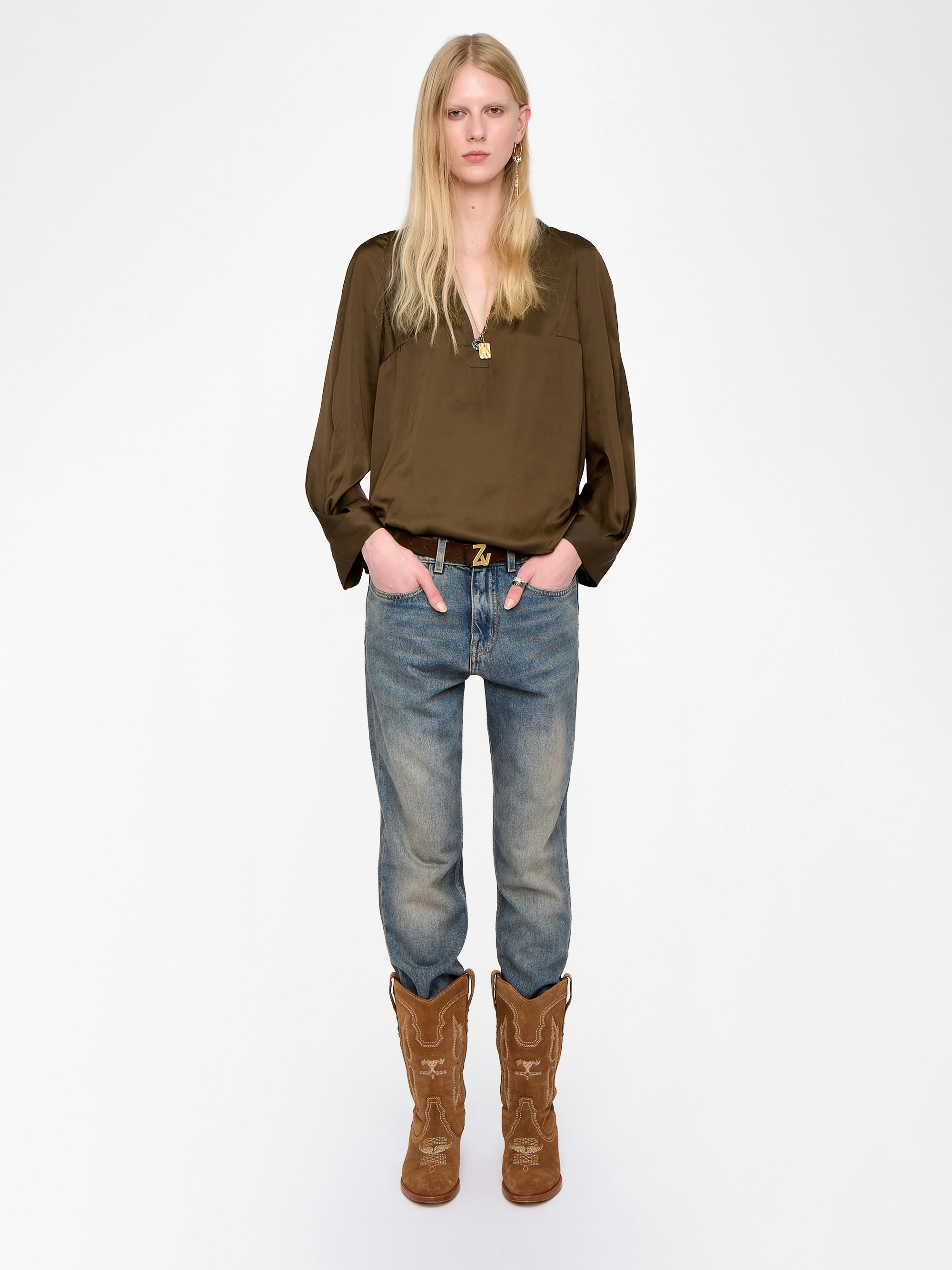 Torny Satin Tunic - Tunic in Japanese satin, long sleeves and V-neckline.