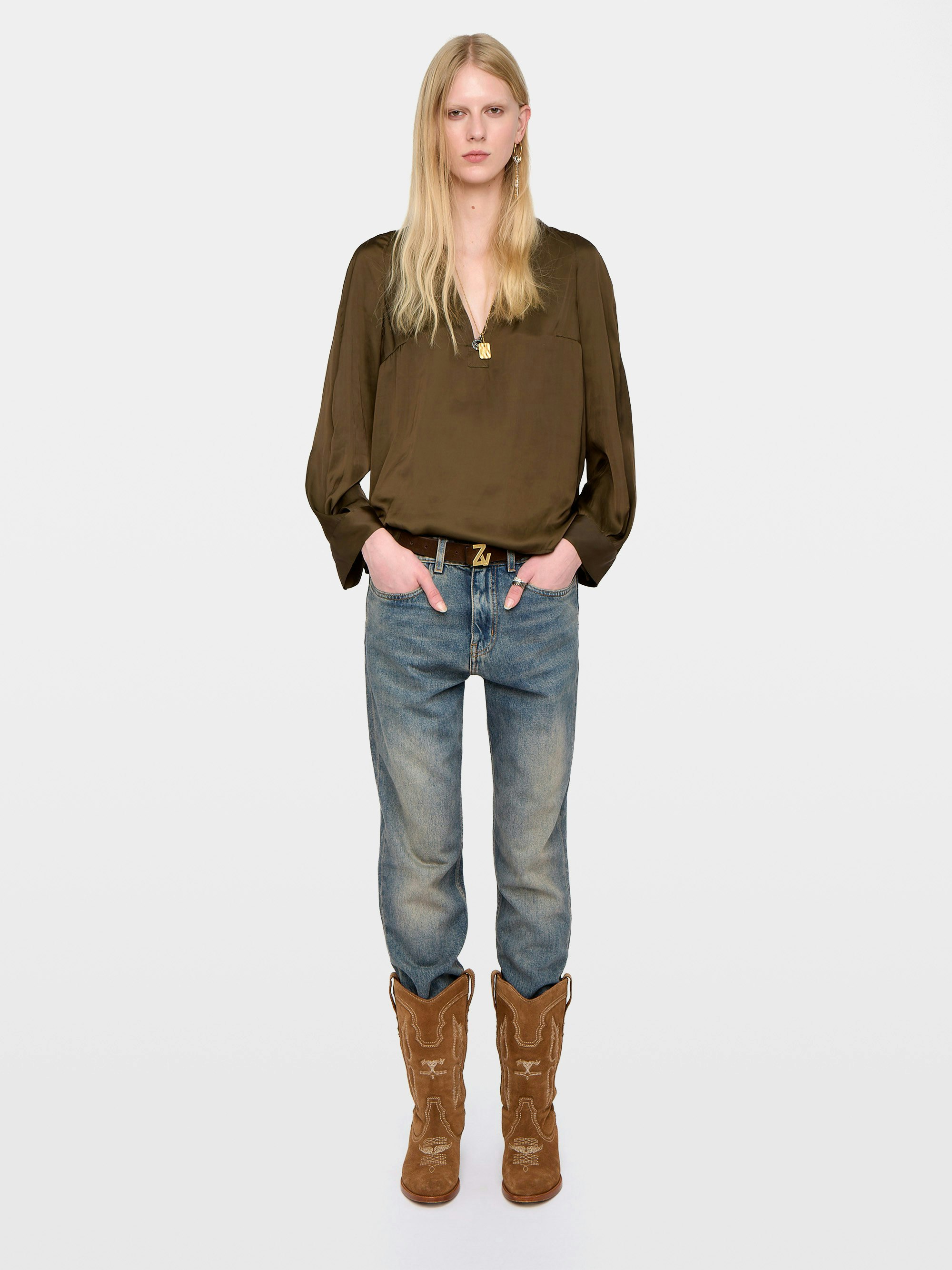 Tunique Torny Satin - Tunique en satin japonais, manches longues et décolleté V.