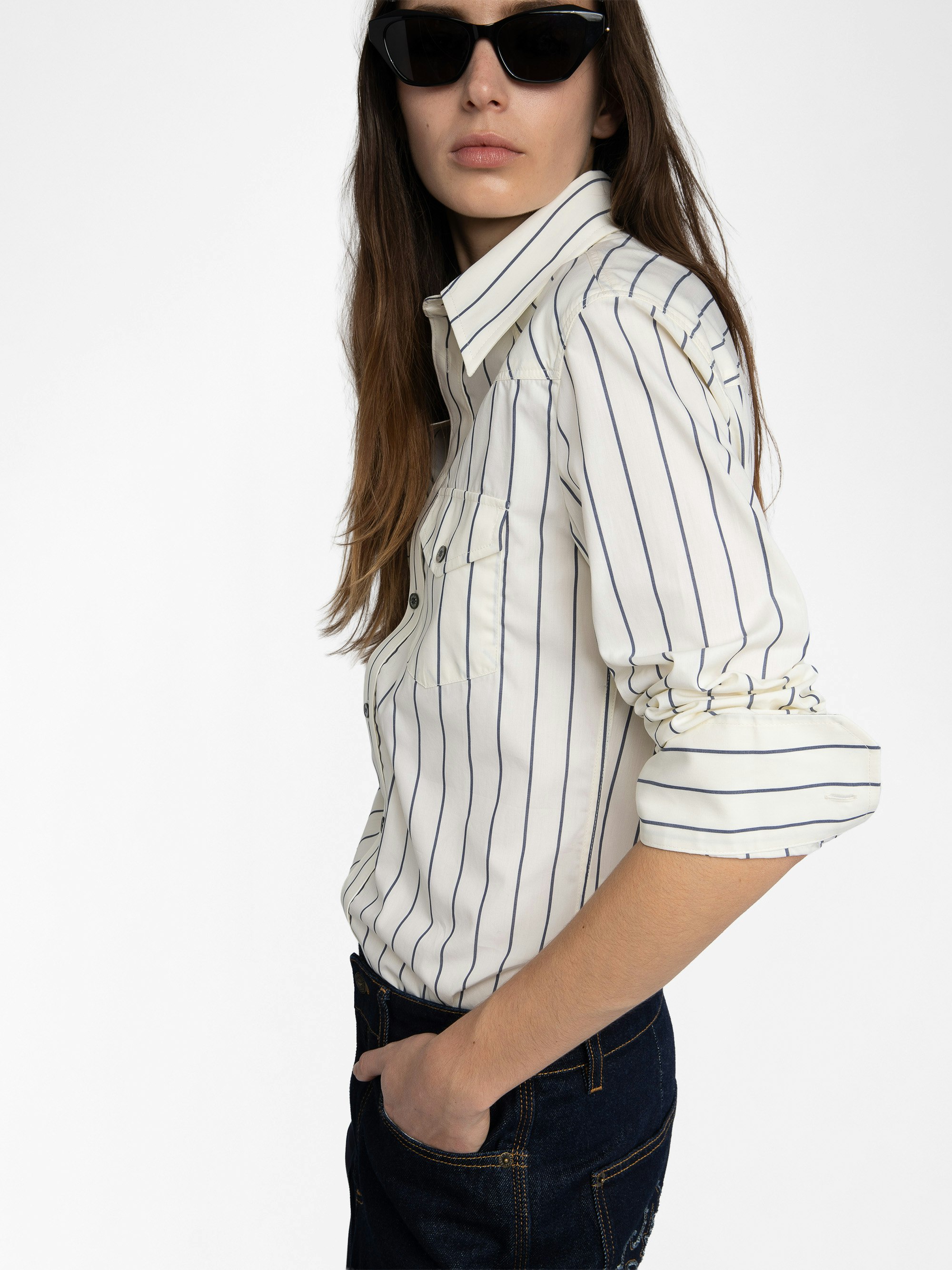 Thelma Shirt - Cotton poplin shirt with patch chest pockets and crystals at the back.