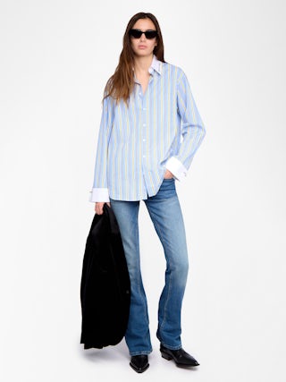 Camisa Morning - Camisa oversize de popelina a rayas con bordado, cuello y puños en contraste.