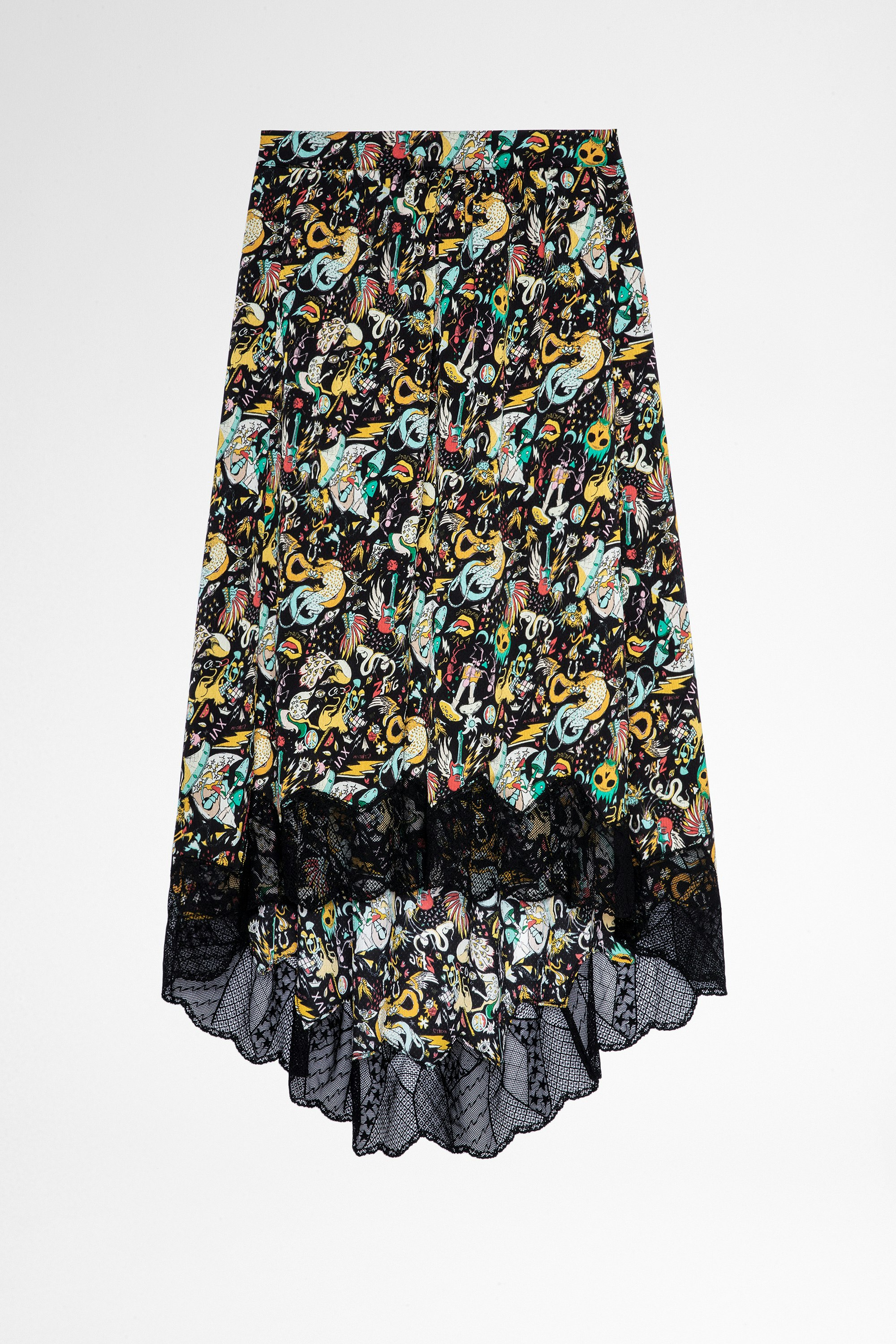 Joslin Skirt Women's mid-length asymmetrical circus print skirt. Made with recycled fibers