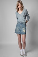 Juice Skirt - Women's distressed-look faded denim skirt. Made with fibers from organic farming.