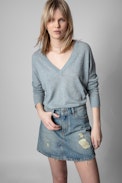 Juice Skirt - Women's distressed-look faded denim skirt. Made with fibers from organic farming.