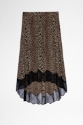 Joslin Leopard Skirt - Women's mid-length asymmetric khaki leopard print skirt