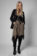Joslin Leopard Skirt - Women's mid-length asymmetric khaki leopard print skirt