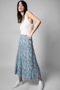 Gonna June Soie - Gonna lunga abbottonata in seta blu con stampa pitone donna
