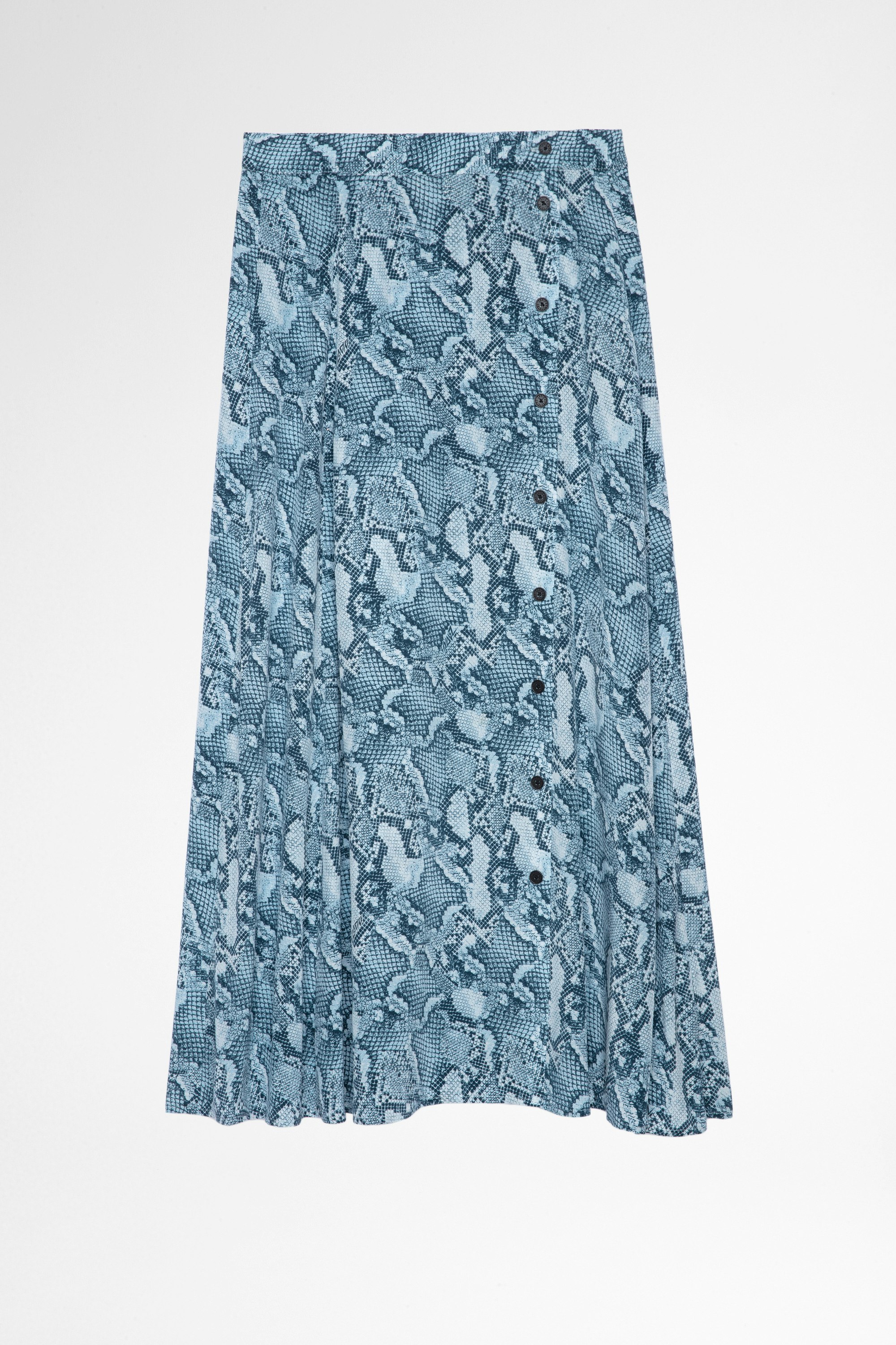 June シルク スカート Women's long skirt in blue silk with snake print and buttons
