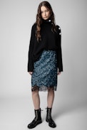 Gonna Justicia con paillettes - Gonna midi impreziosita da paillettes blu, con brodino in pizzo con motivi e strass donna