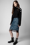 Gonna Justicia con paillettes - Gonna midi impreziosita da paillettes blu, con brodino in pizzo con motivi e strass donna