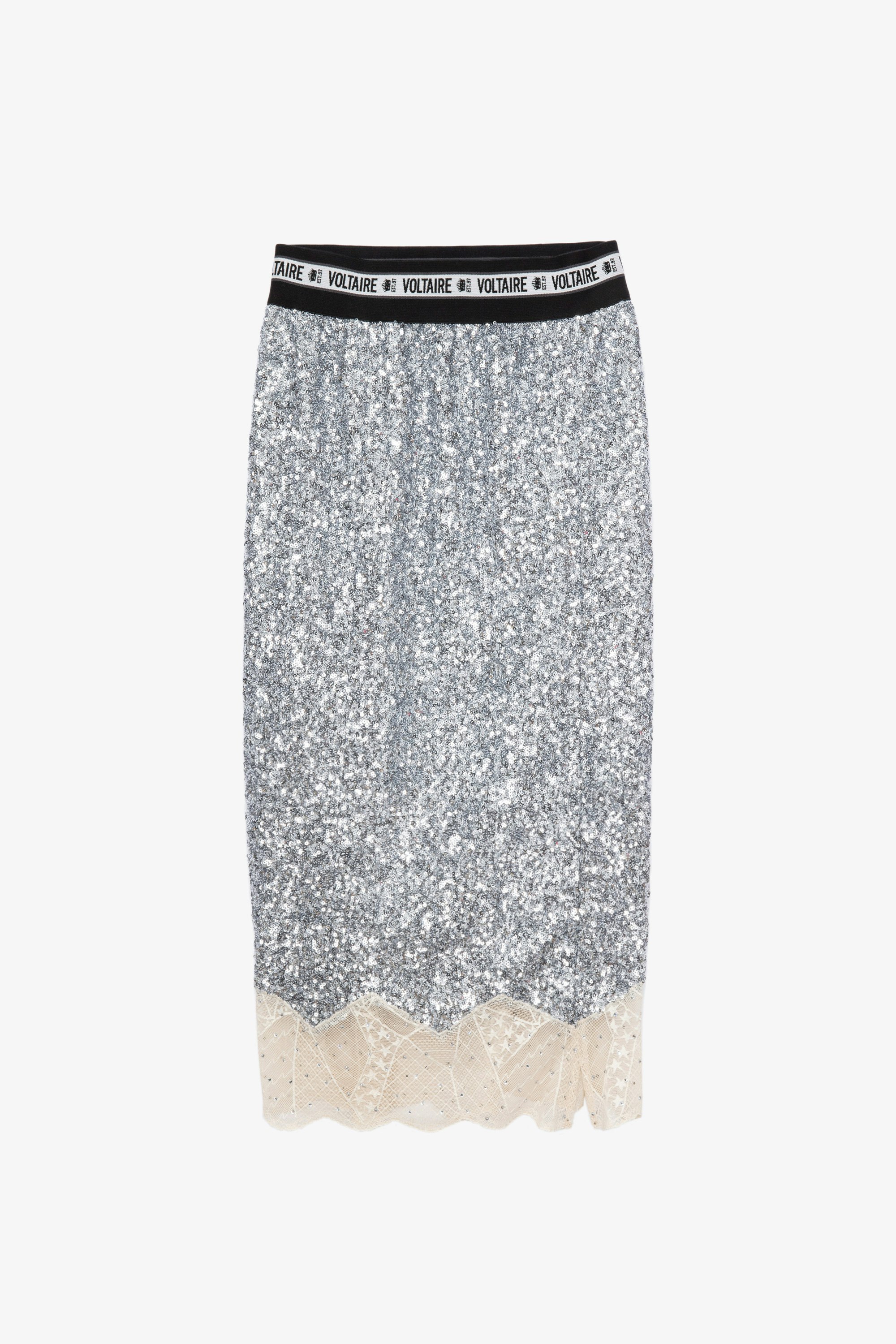 Justicia Sequins スカート Women’s midi skirt decorated with silver sequins and lace trim 