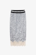 Falda Justicia Sequins - Falda de largo medio decorada con lentejuelas plateadas y encajes bordados para mujer