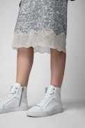Falda Justicia Sequins - Falda de largo medio decorada con lentejuelas plateadas y encajes bordados para mujer