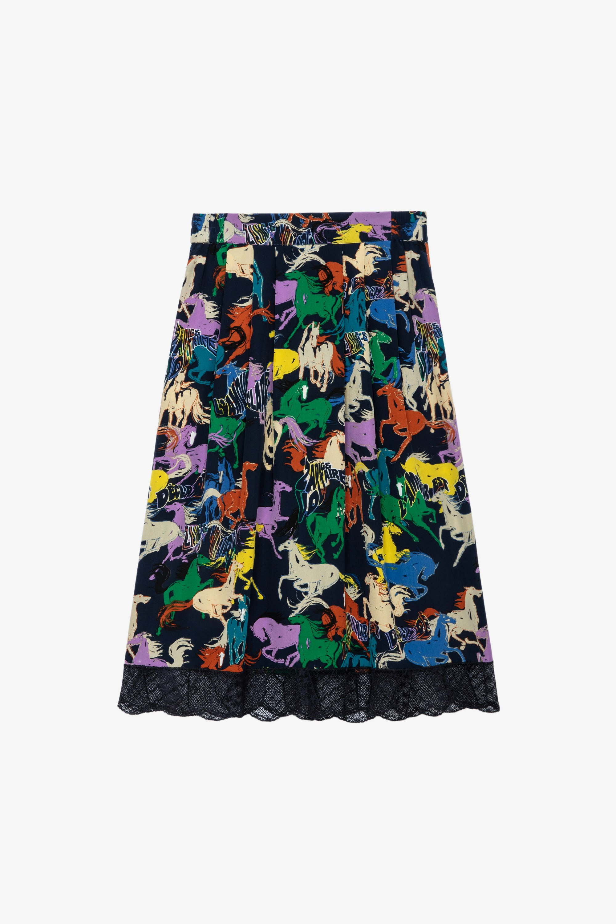 Jenny Horses シルク スカート Women’s blue silk midi skirt with multicoloured horse print and lace trim 