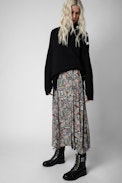 June Skirt - Women’s long blue skirt with floral motifs