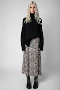 June Skirt - Women’s long blue skirt with floral motifs