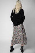 June Skirt - Women’s long blue skirt with floral motifs