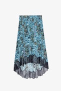 Joslin Bohemian Skirt - Women’s asymmetric satin skirt with floral print and contrasting lace trim