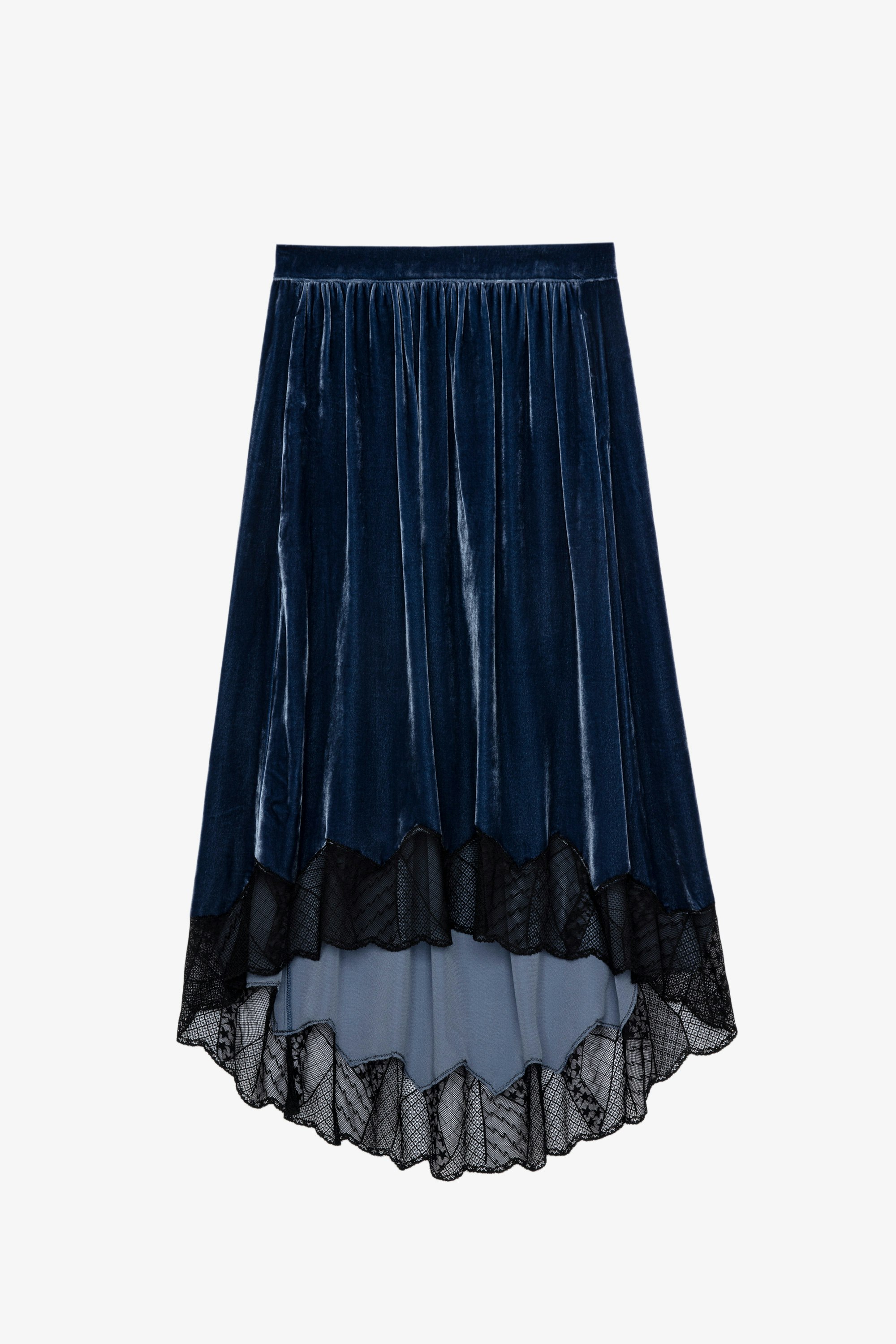 Joslin Velvet Skirt Women’s blue velvet skirt with lace trim 