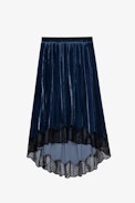 Jupe Joslin Velours - Jupe en velours bleu orné de bords en dentelle femme