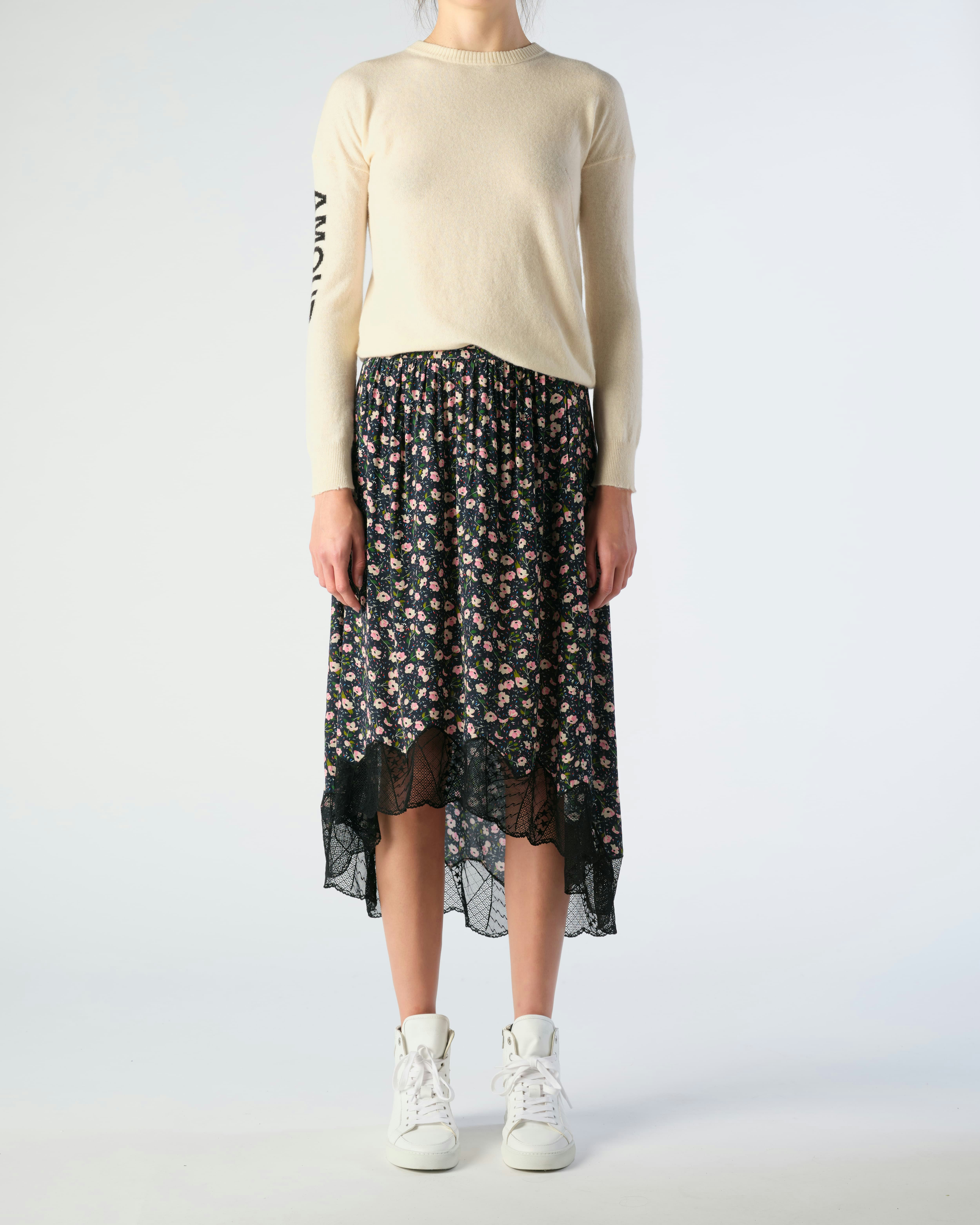 Joslin Skirt - Women's black floral print asymmetrical midi skirt.