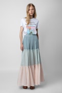 Jovela Skirt - Women's long multi-coloured flared cotton skirt with strips of lace