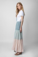Jovela Skirt - Women's long multi-coloured flared cotton skirt with strips of lace