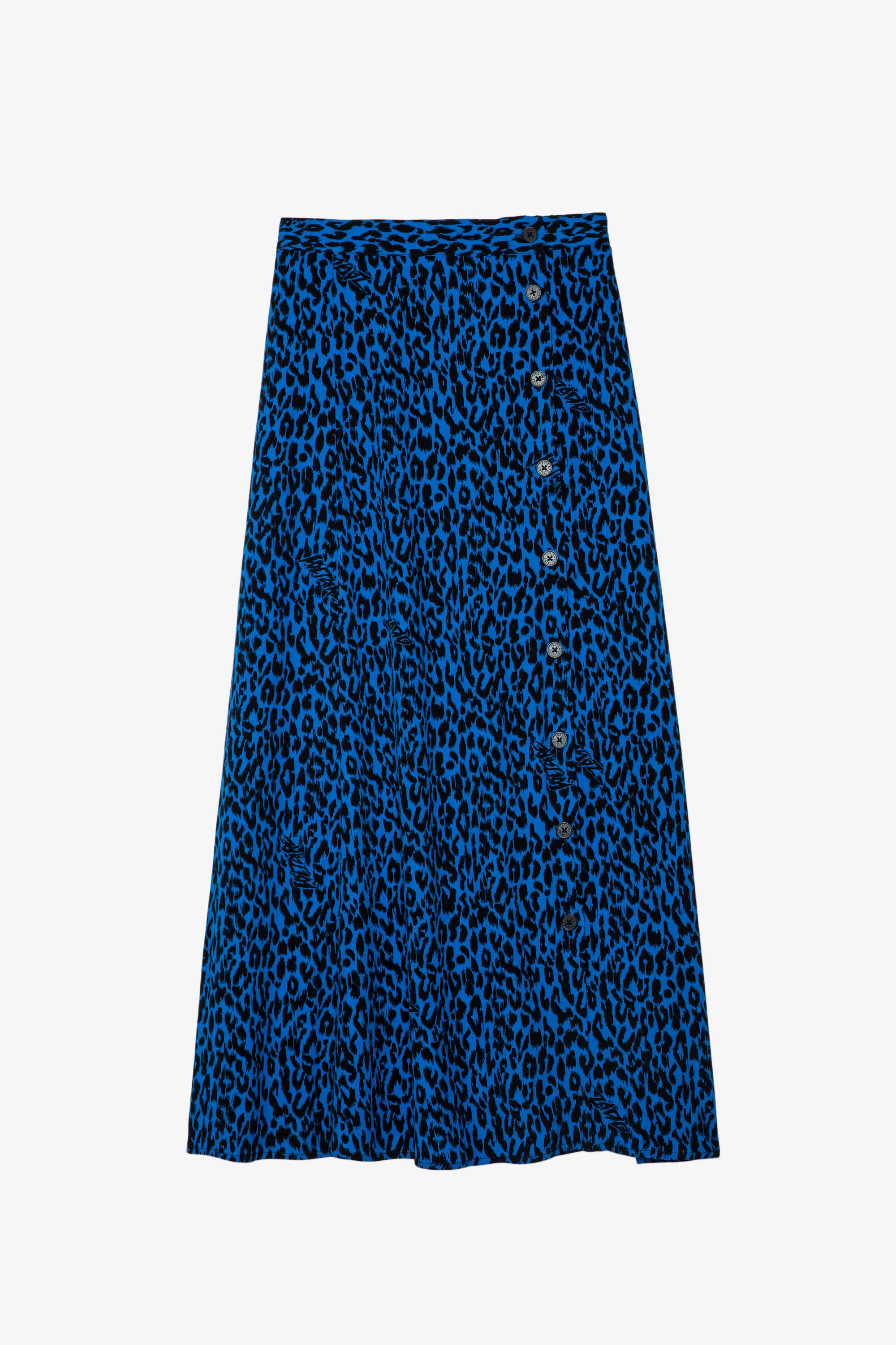 Rock June Langer blauer Damenrock mit Leopardenprint