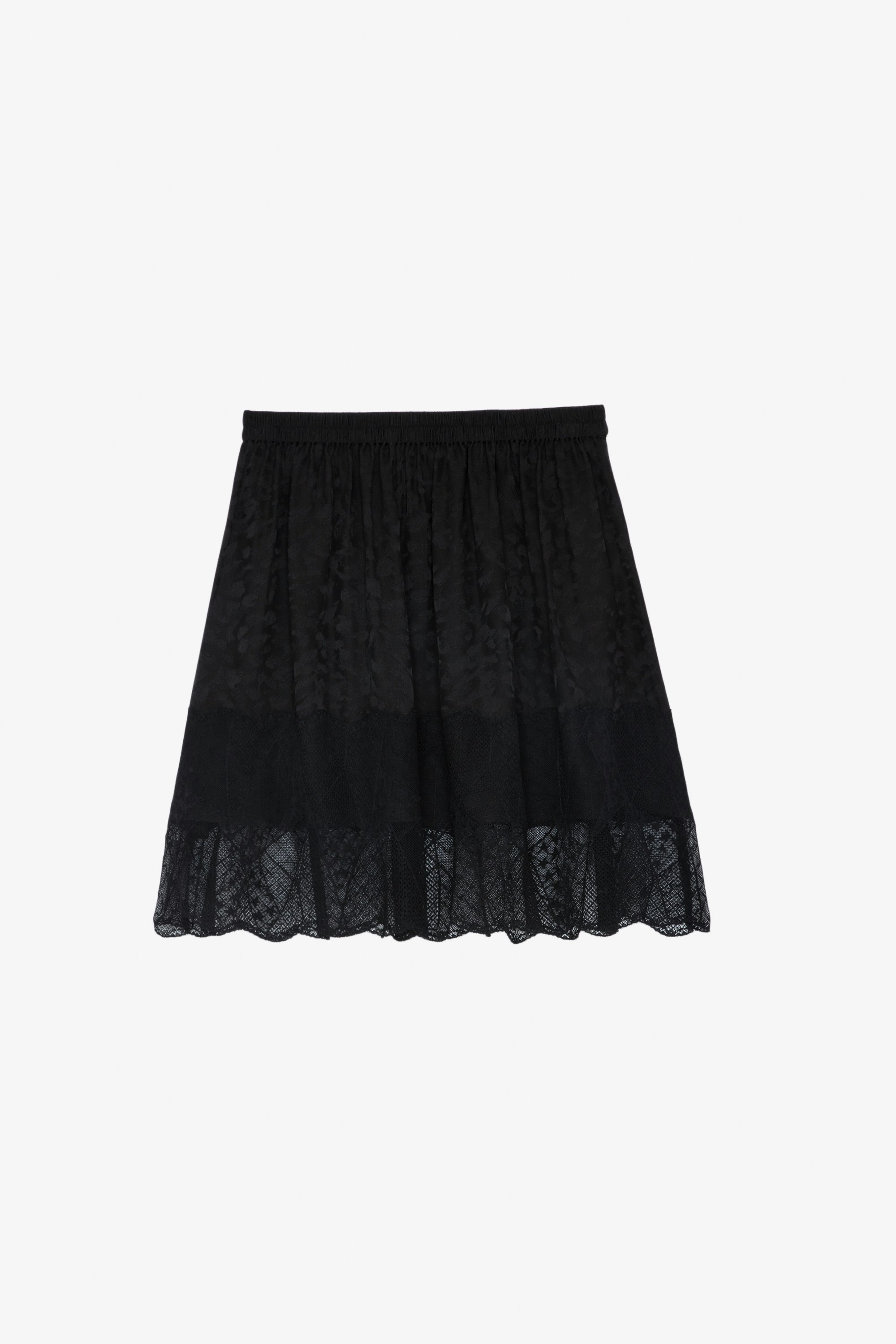Jimy Silk Skirt Women's short skirt in black leopard silk jacquard with strips of lace