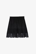 Jimy Silk Skirt - Women's short skirt in black leopard silk jacquard with strips of lace