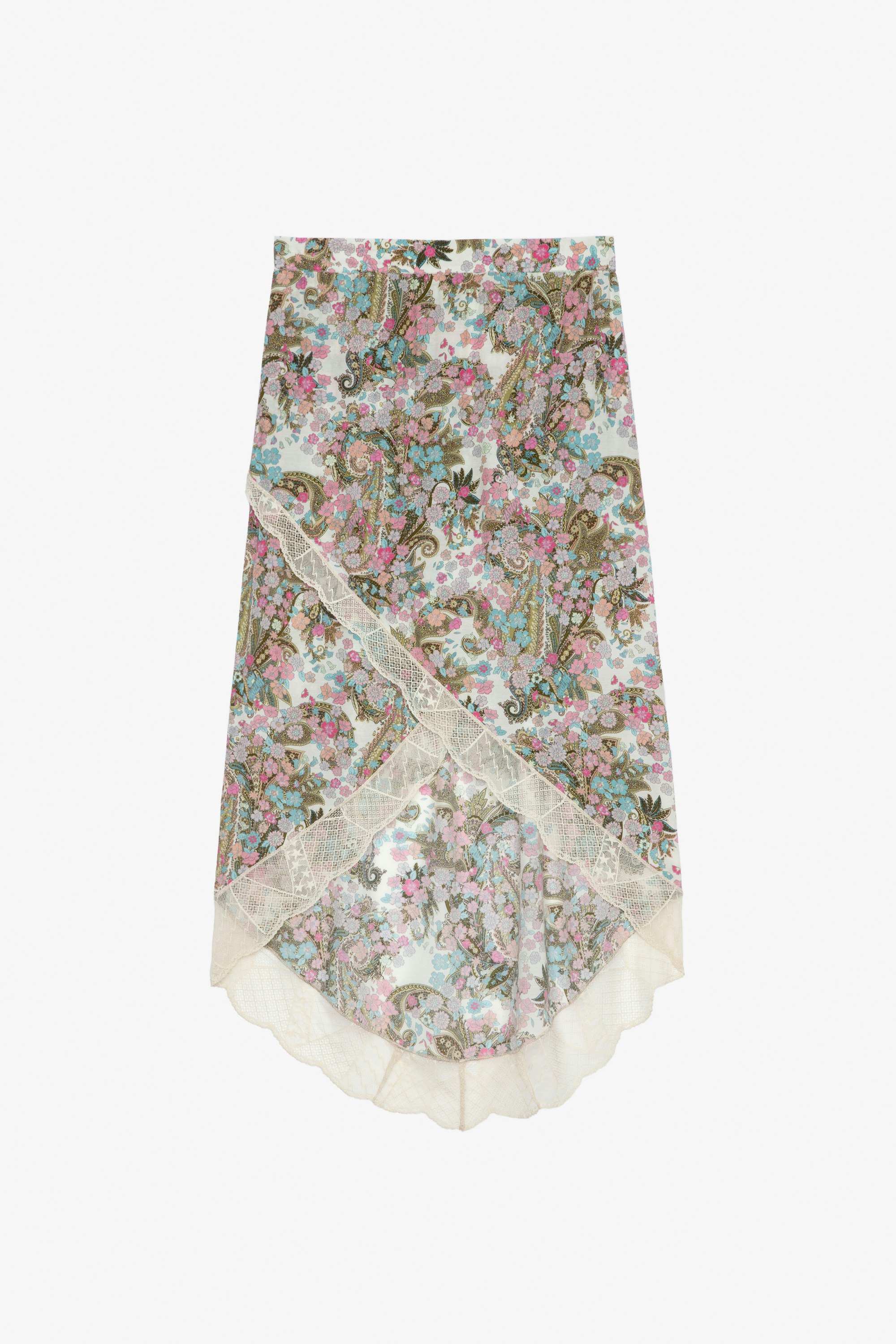 Jeudie Skirt Mid-length mauve asymmetrical wrap skirt with lace strips and floral print