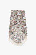 Jupe Jeudie - Jupe mi-longue parme imprimé fleuri portefeuille asymétrique ornée de bandes de dentelle Femme
