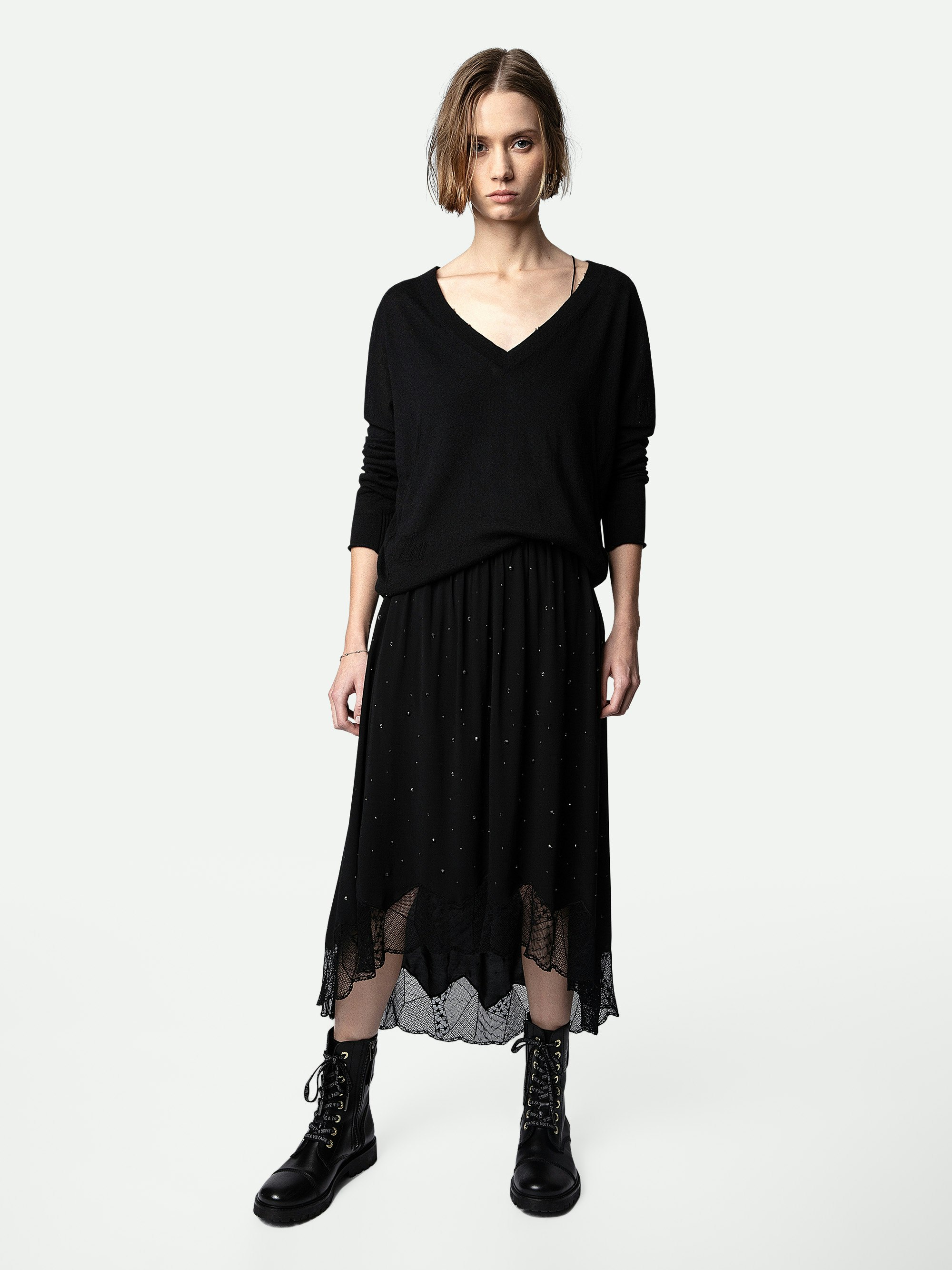 Joslin Strass Skirt - Women’s mid-length black asymmetric skirt with crystal embellishment