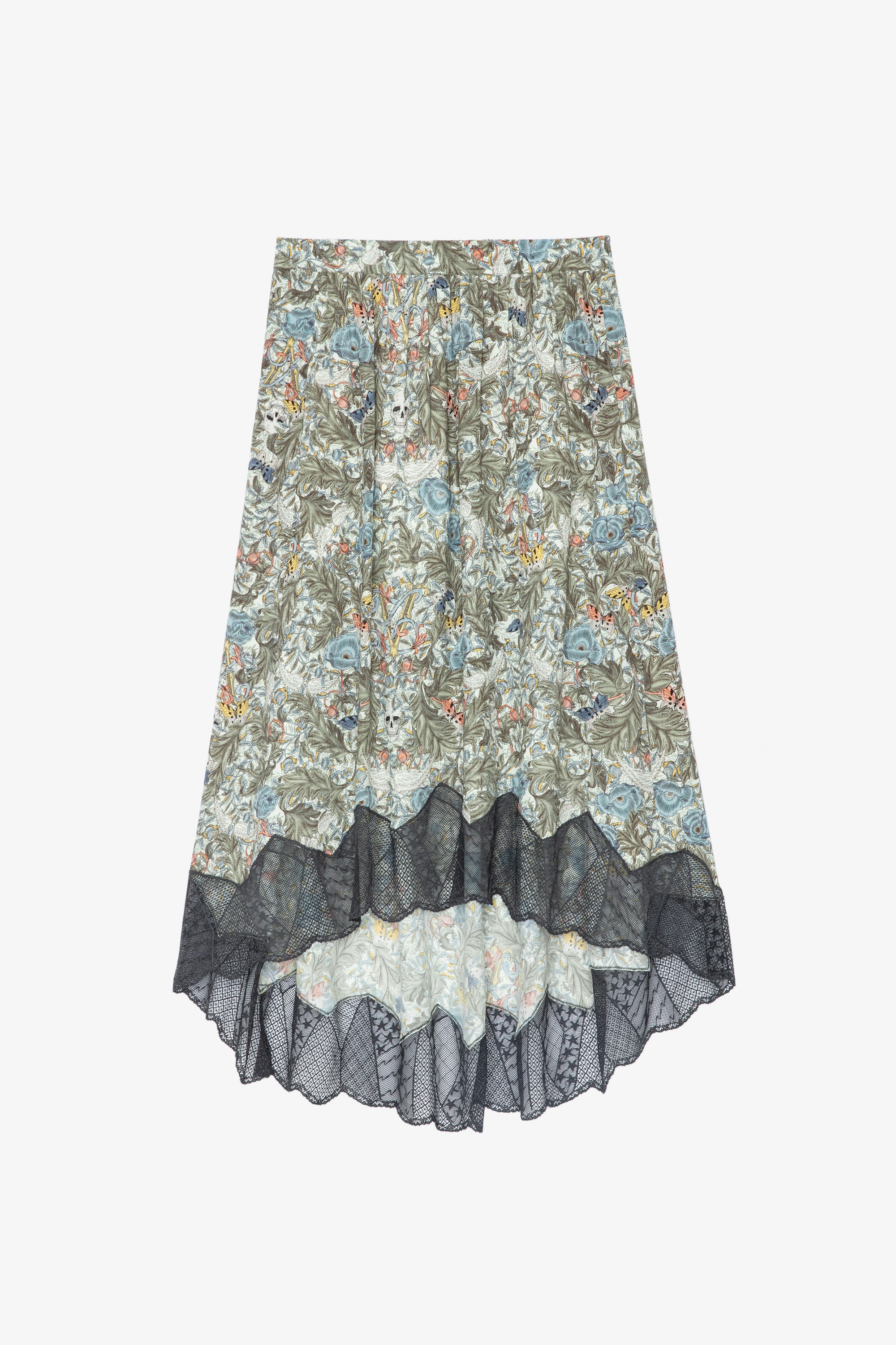 Joslin Skirt Women’s mid-length asymmetric khaki skirt with floral print, skull, and lace trim