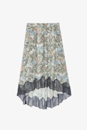 Joslin Skirt - Women’s mid-length asymmetric khaki skirt with floral print, skull, and lace trim