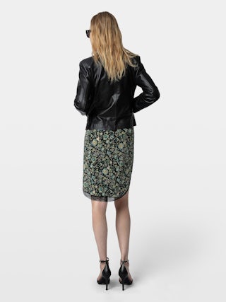 Skirt Jozy 100% Silk - Mid-length lingerie-inspired silk skirt with slit, floral print and lace trims.